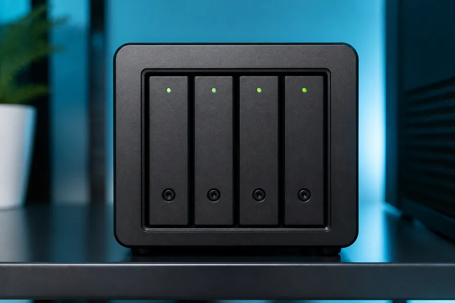 Four-bay network backup device with green status lights on a shelf
